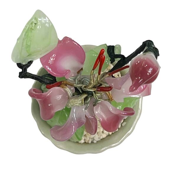 Asian Glass Bonsai Shell Flower Tree Jade Green Planter Pot Pink Green - Picture 6 of 10